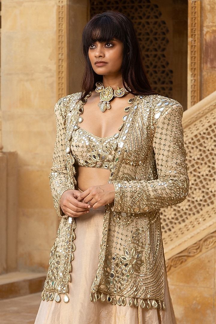 Gold Georgette Hand Embroidered Jacket Set by Arpita Mehta at Pernia's Pop Up Shop