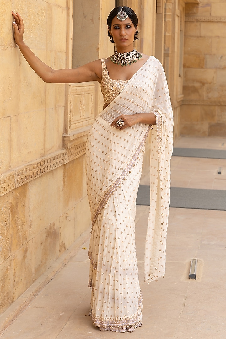 White Georgette Mirror Embroidered Saree Set by Arpita Mehta