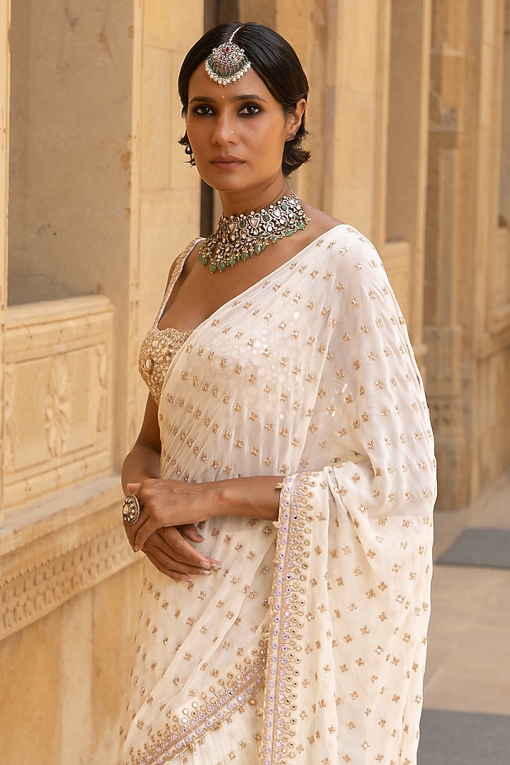 White Georgette Mirror Embroidered Bridal Saree Set by Arpita Mehta at Pernia's Pop Up Shop