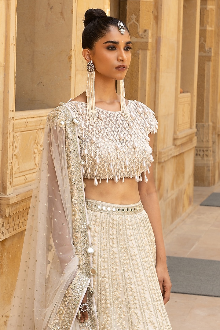 Ivory Organza Hand Embroidered Bridal Lehenga Set by Arpita Mehta at Pernia's Pop Up Shop