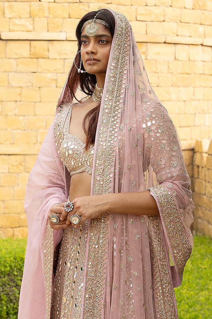 Baby Orchid Organza Hand Embroidered Bridal Lehenga Set by Arpita Mehta at Pernia's Pop Up Shop