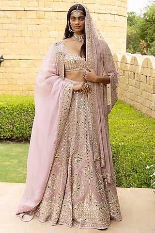 Baby Orchid Organza Hand Embroidered Lehenga Set by Arpita Mehta