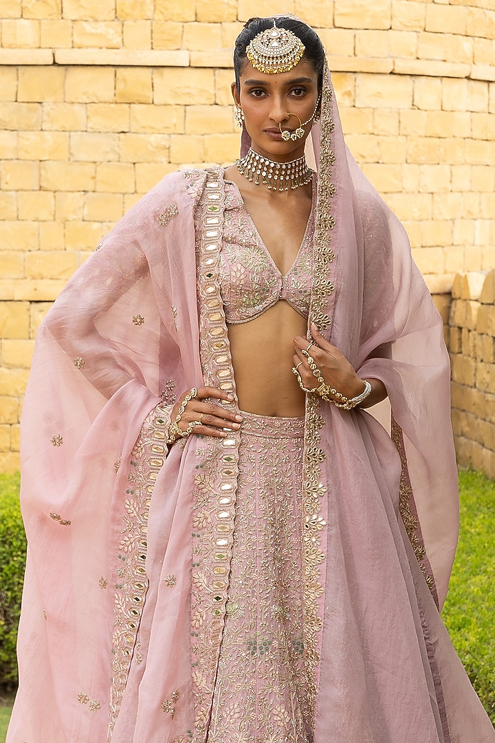 Baby Orchid Organza Hand Embroidered Bridal Lehenga Set by Arpita Mehta at Pernia's Pop Up Shop