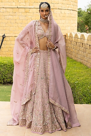 Baby Orchid Organza Hand Embroidered Lehenga Set by Arpita Mehta
