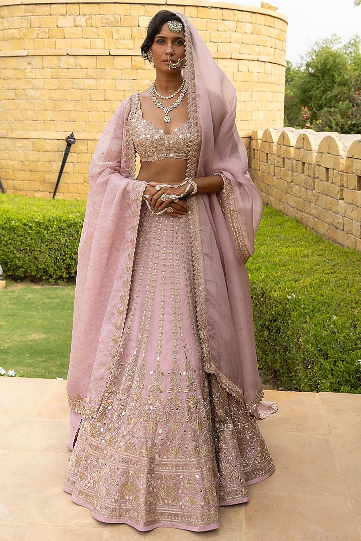 Baby Orchid Organza Hand Embroidered Bridal Lehenga Set by Arpita Mehta at Pernia's Pop Up Shop