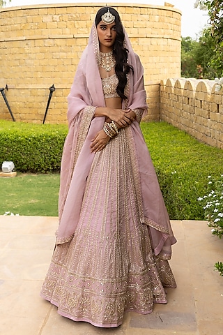 Baby Orchid Organza Hand Embroidered Lehenga Set by Arpita Mehta