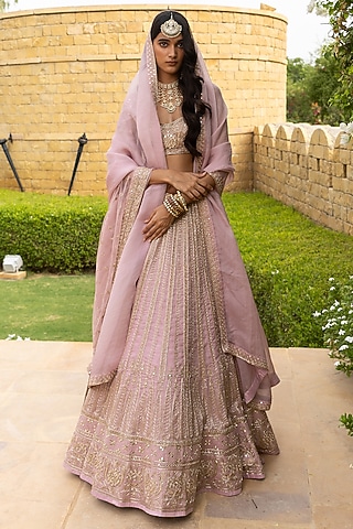 Baby Orchid Organza Hand Embroidered Lehenga Set by Arpita Mehta