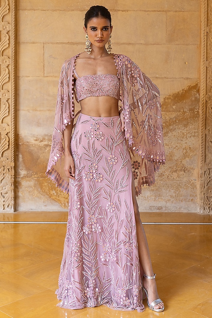 Baby Orchid Net Hand Embroidered Skirt Set by Arpita Mehta at Pernia's Pop Up Shop