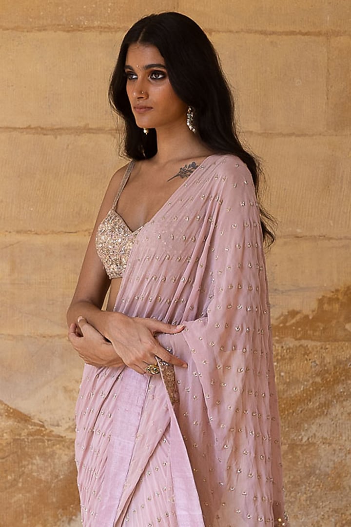 Baby Orchid Georgette Hand Embroidered Bridal Saree Set by Arpita Mehta at Pernia's Pop Up Shop