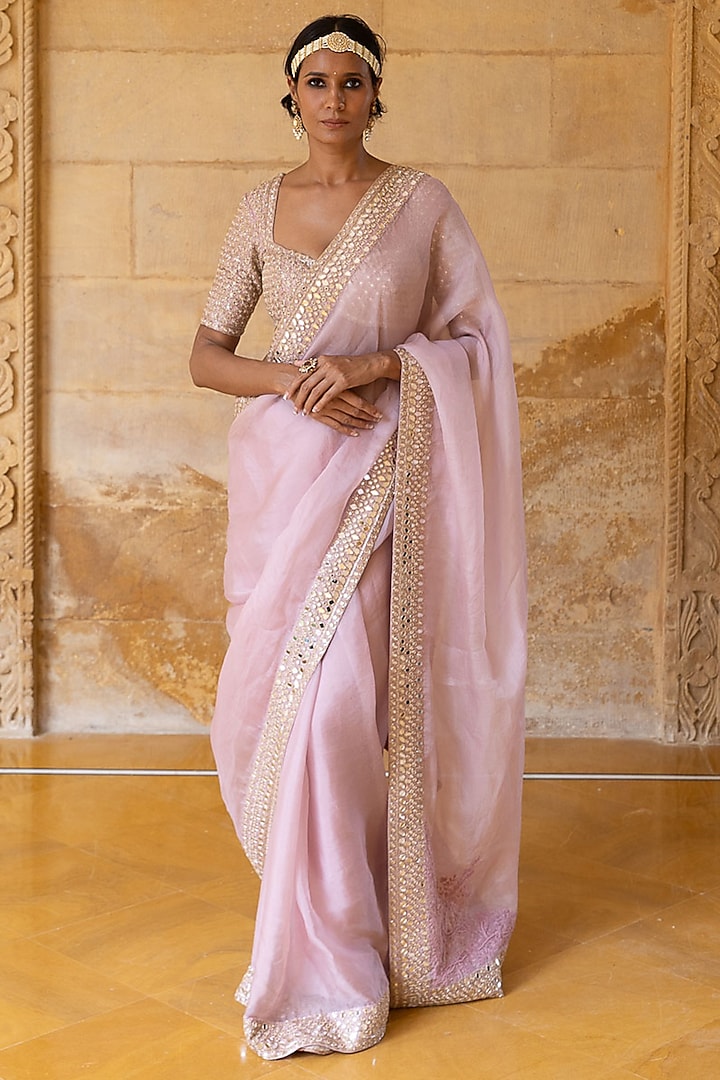 Baby Orchid Organza Hand Embroidered Saree Set by Arpita Mehta