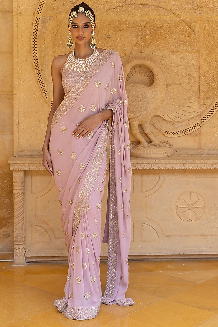 Baby Orchid Georgette Hand Embroidered Saree Set by Arpita Mehta