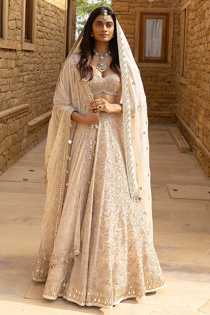 Coconut & Gold Net Hand Embroidered Bridal Lehenga Set by Arpita Mehta at Pernia's Pop Up Shop