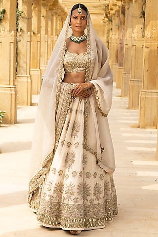 Coconut & Gold Organza Hand Embroidered Lehenga Set by Arpita Mehta