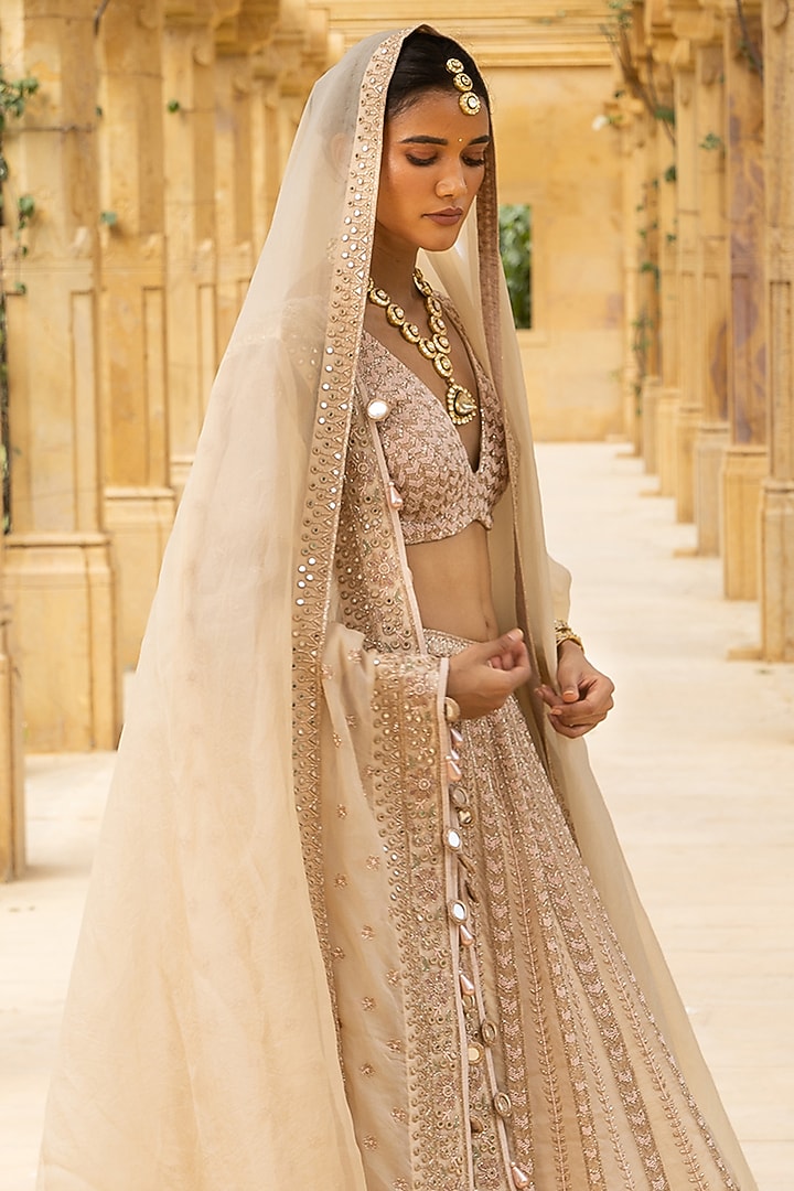 Coconut & Gold Organza Hand Embroidered Bridal Lehenga Set by Arpita Mehta at Pernia's Pop Up Shop