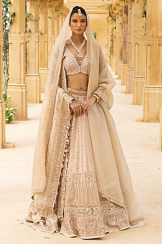 Coconut & Gold Organza Hand Embroidered Lehenga Set by Arpita Mehta