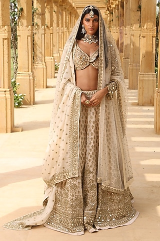 Coconut & Gold Organza Hand Embroidered Lehenga Set by Arpita Mehta