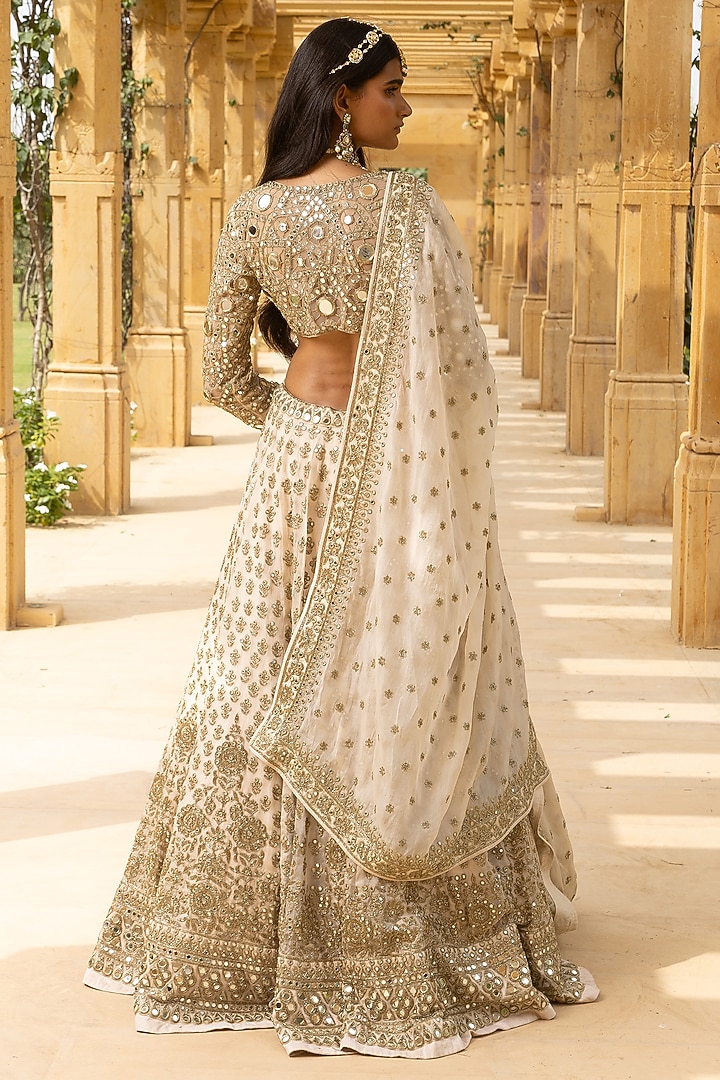 Coconut & Gold Organza Hand Embroidered Bridal Lehenga Set by Arpita Mehta at Pernia's Pop Up Shop