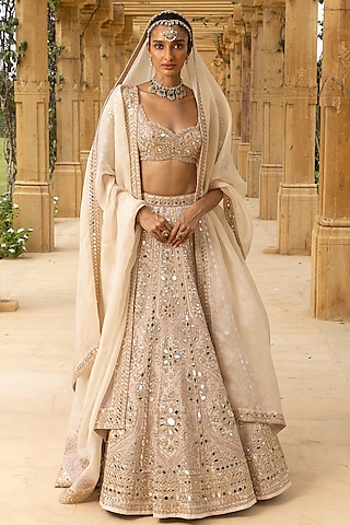 Coconut & Rose Gold Organza Hand Embroidered Lehenga Set by Arpita Mehta