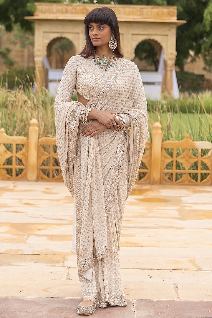 Coconut Georgette Hand Embroidered Saree Set by Arpita Mehta