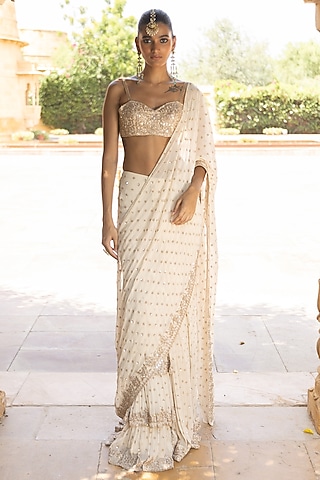 Coconut & Rosegold Georgette Hand Embroidered Saree Set by Arpita Mehta