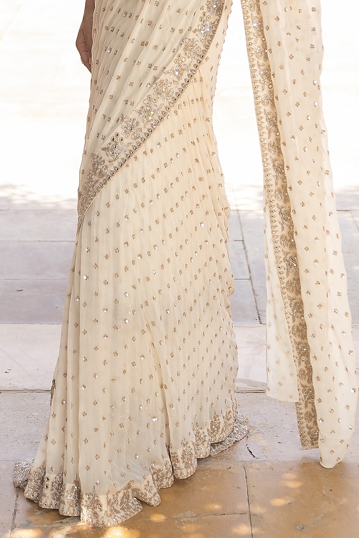 Coconut & Rosegold Georgette Hand Embroidered Bridal Saree Set by Arpita Mehta at Pernia's Pop Up Shop