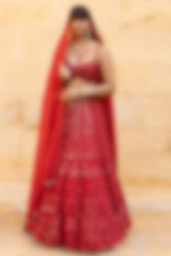 Red Organza Cutdana Hand Embroidered Bridal Lehenga Set by Arpita Mehta at Pernia's Pop Up Shop