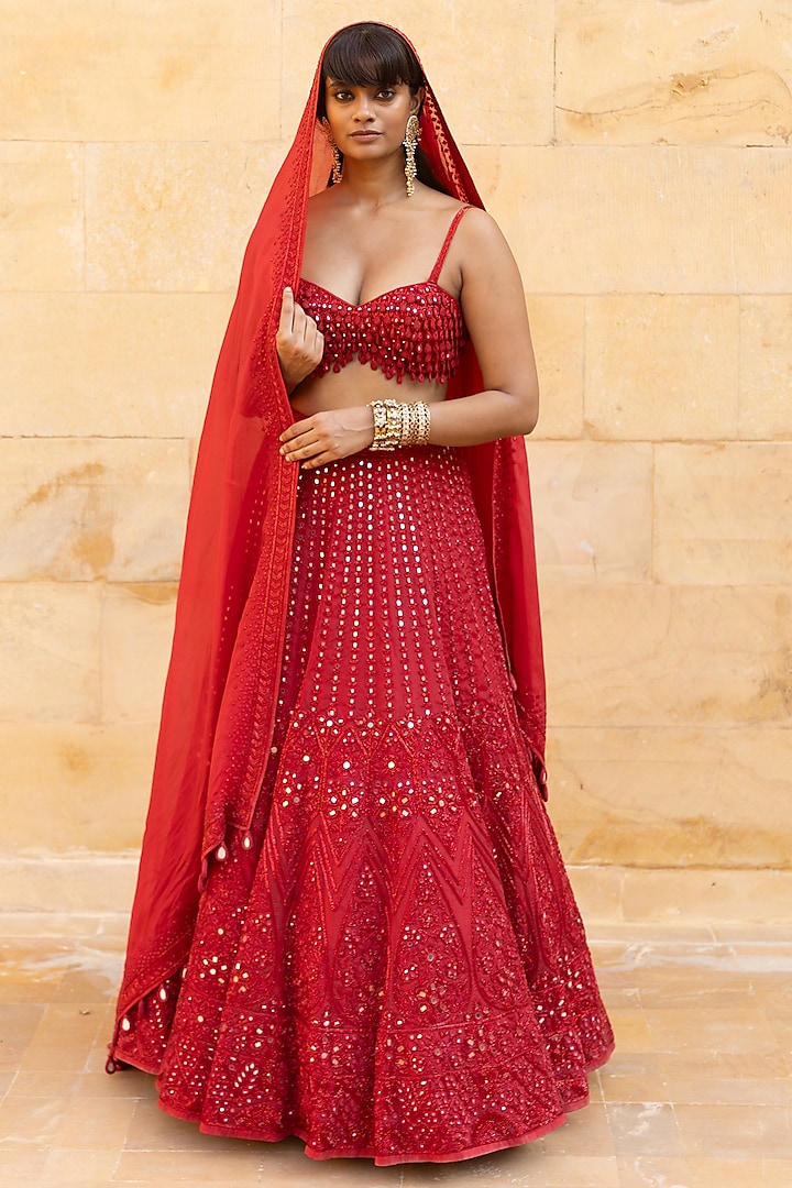 Red Organza Cutdana Hand Embroidered Bridal Lehenga Set by Arpita Mehta at Pernia's Pop Up Shop