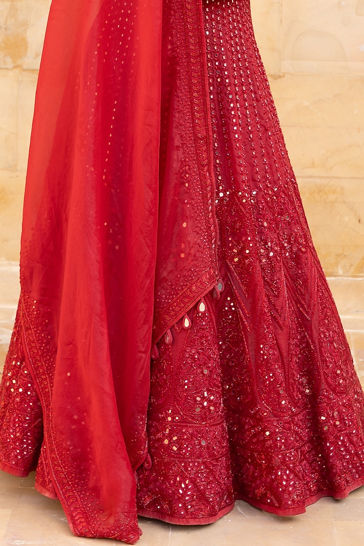 Red Organza Cutdana Hand Embroidered Bridal Lehenga Set by Arpita Mehta at Pernia's Pop Up Shop