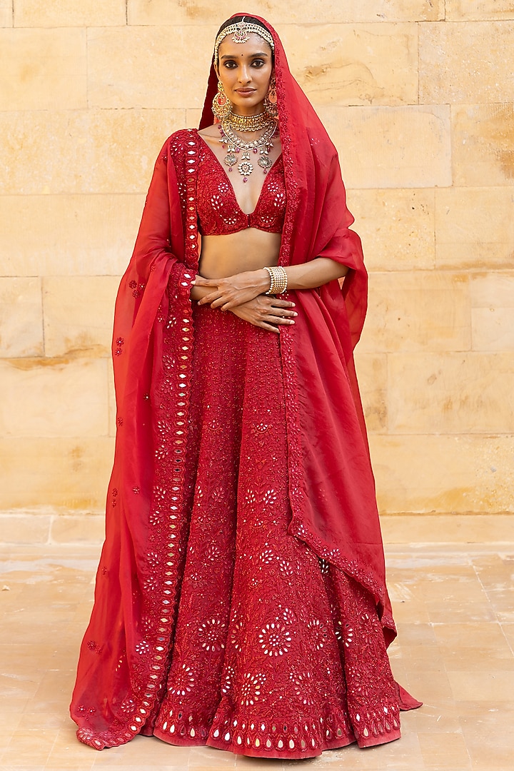 Red Organza Mirror Hand Embroidered Bridal Lehenga Set by Arpita Mehta at Pernia's Pop Up Shop