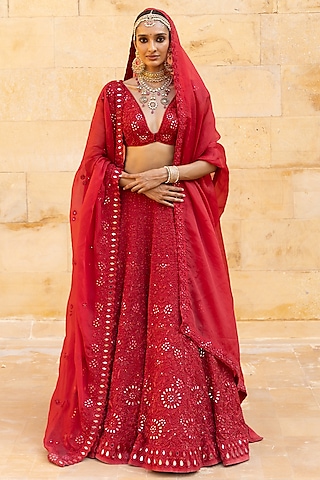 Red Organza Mirror Hand Embroidered Lehenga Set by Arpita Mehta