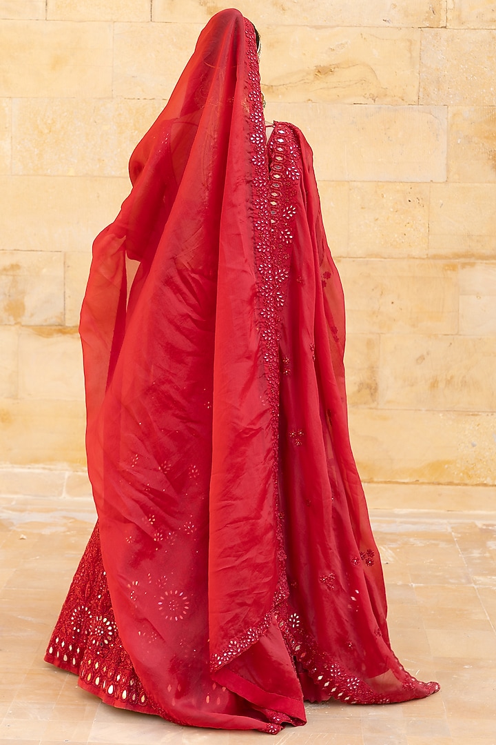 Red Organza Mirror Hand Embroidered Bridal Lehenga Set by Arpita Mehta at Pernia's Pop Up Shop