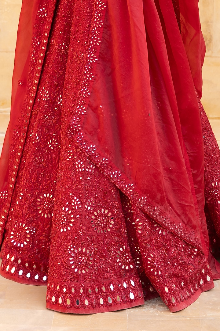 Red Organza Mirror Hand Embroidered Bridal Lehenga Set by Arpita Mehta at Pernia's Pop Up Shop
