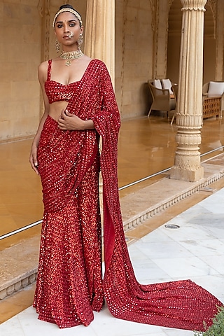 Red Georgette Sequins Hand Embroidered Saree Set by Arpita Mehta