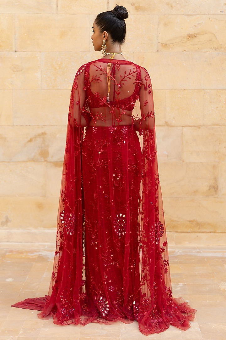 Red Net Hand Embroidered Jacket Bridal Saree Set by Arpita Mehta at Pernia's Pop Up Shop
