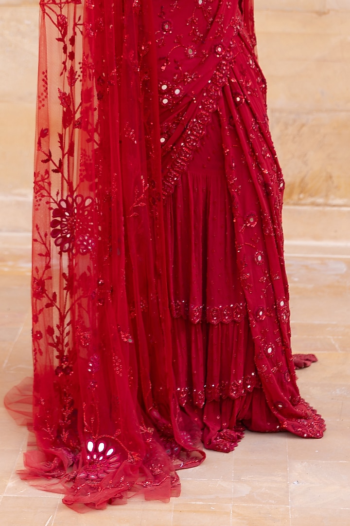 Red Net Hand Embroidered Cape by Arpita Mehta at Pernia's Pop Up Shop