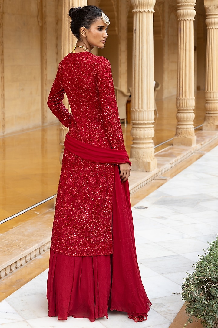 Red Georgette Bridal Sharara Set by Arpita Mehta at Pernia's Pop Up Shop