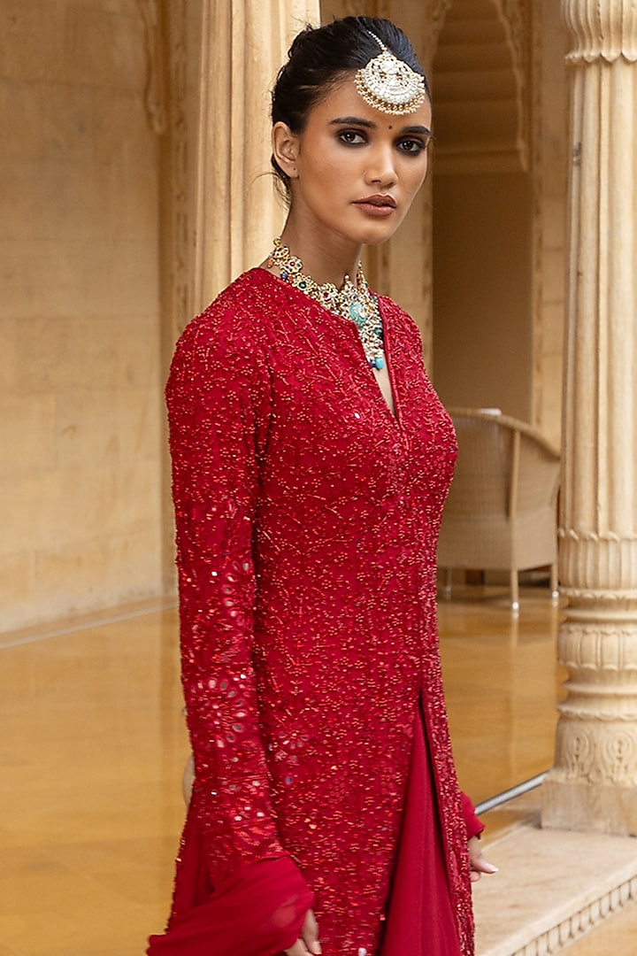 Red Georgette Bridal Sharara Set by Arpita Mehta at Pernia's Pop Up Shop