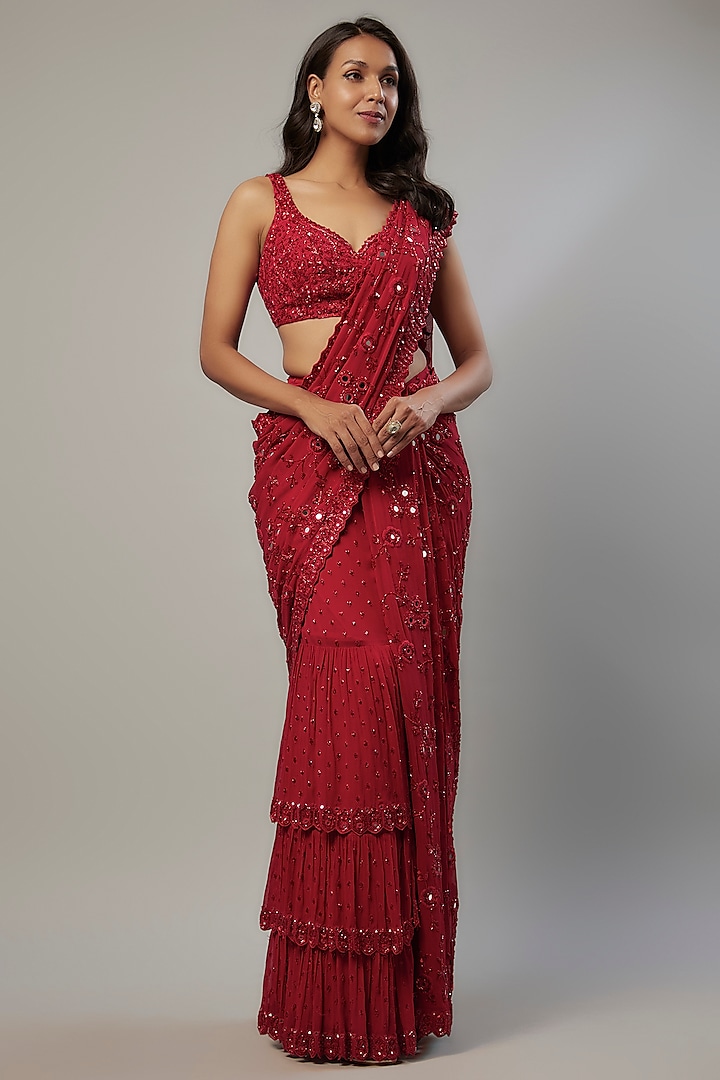 Red Georgette Hand Embroidered Tiered Ruffled Saree Set by Arpita Mehta at Pernia's Pop Up Shop