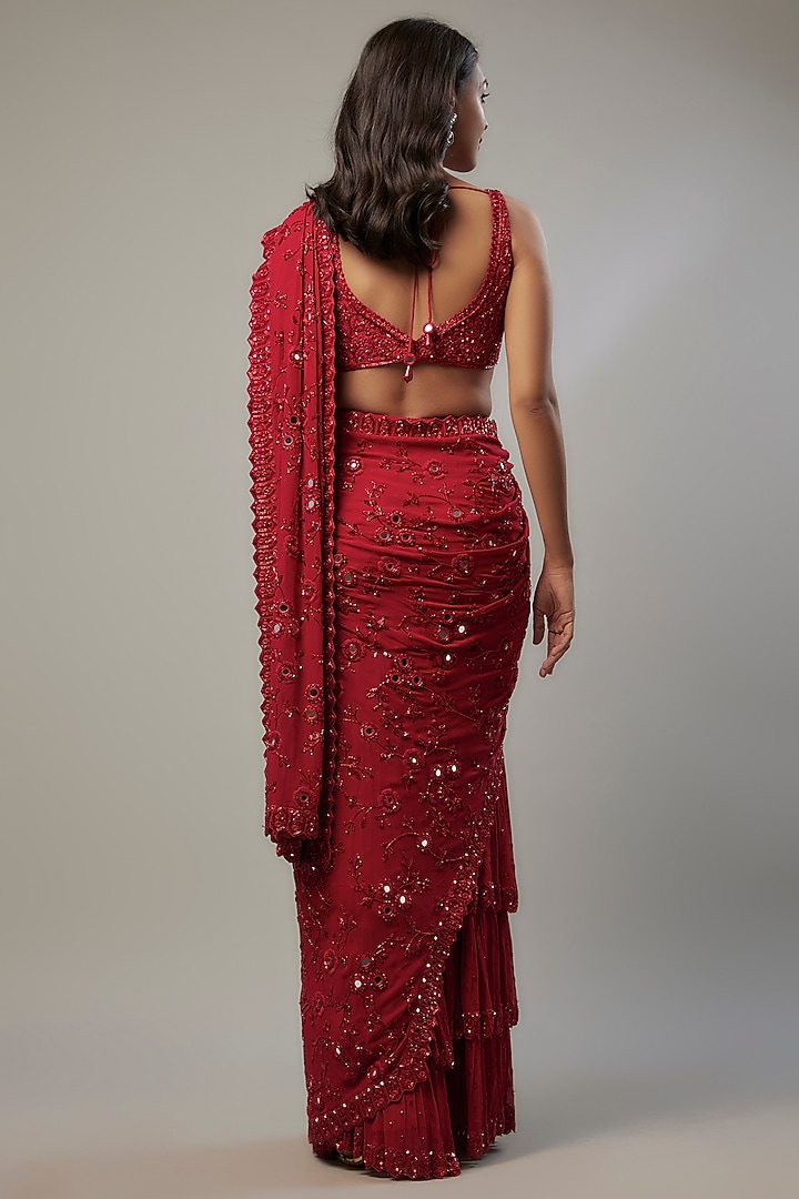 Red Georgette Hand Embroidered Tiered Ruffled Bridal Saree Set by Arpita Mehta at Pernia's Pop Up Shop