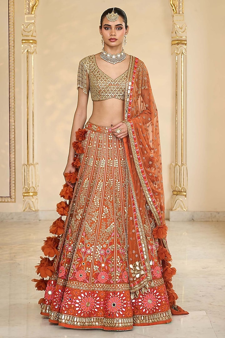 Orange Organza Mirror Hand Embroidered Bridal Lehenga Set by Arpita Mehta at Pernia's Pop Up Shop