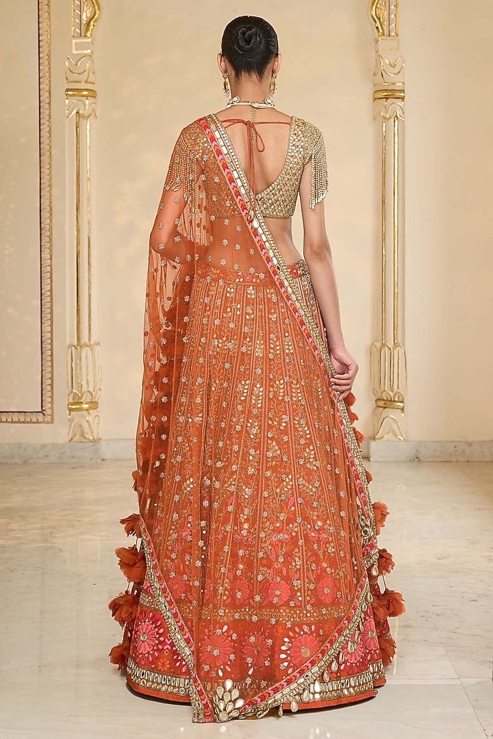 Orange Organza Mirror Hand Embroidered Bridal Lehenga Set by Arpita Mehta at Pernia's Pop Up Shop