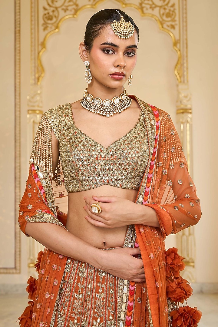 Orange Organza Mirror Hand Embroidered Bridal Lehenga Set by Arpita Mehta at Pernia's Pop Up Shop