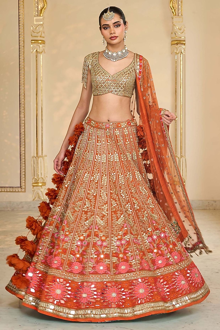 Orange Organza Mirror Hand Embroidered Bridal Lehenga Set by Arpita Mehta at Pernia's Pop Up Shop