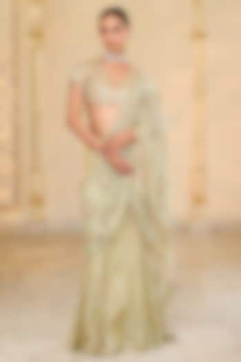 Sea Green Tissue Godet Embroidered Bridal Saree Set by Arpita Mehta at Pernia's Pop Up Shop