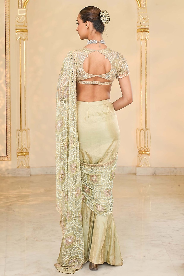 Sea Green Tissue Godet Embroidered Bridal Saree Set by Arpita Mehta at Pernia's Pop Up Shop
