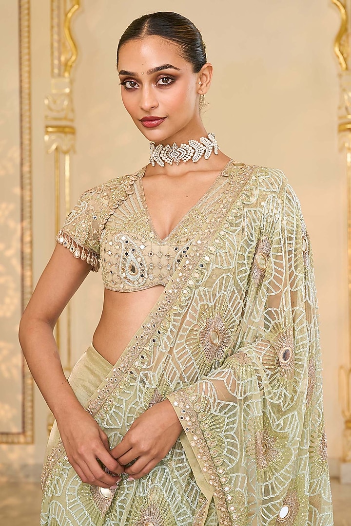 Sea Green Tissue Godet Embroidered Bridal Saree Set by Arpita Mehta at Pernia's Pop Up Shop