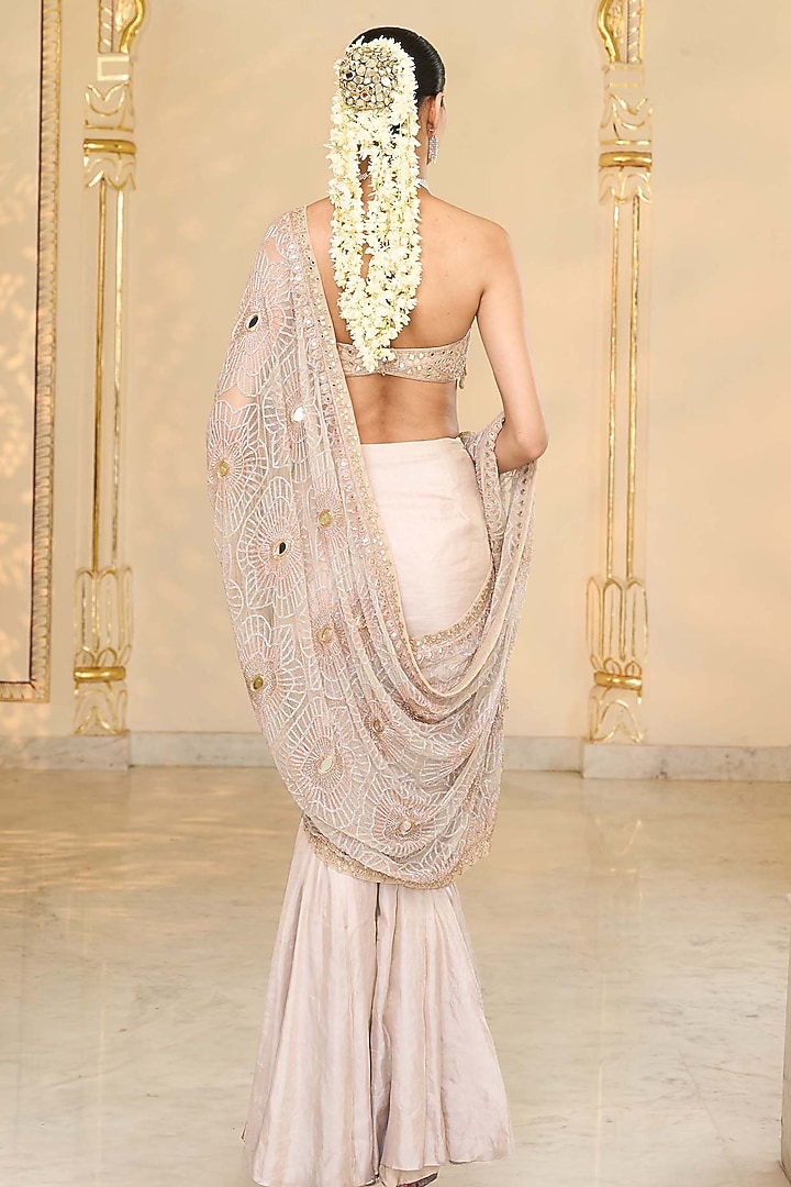 Rose Gold Tissue Godet Embroidered Bridal Saree Set by Arpita Mehta at Pernia's Pop Up Shop