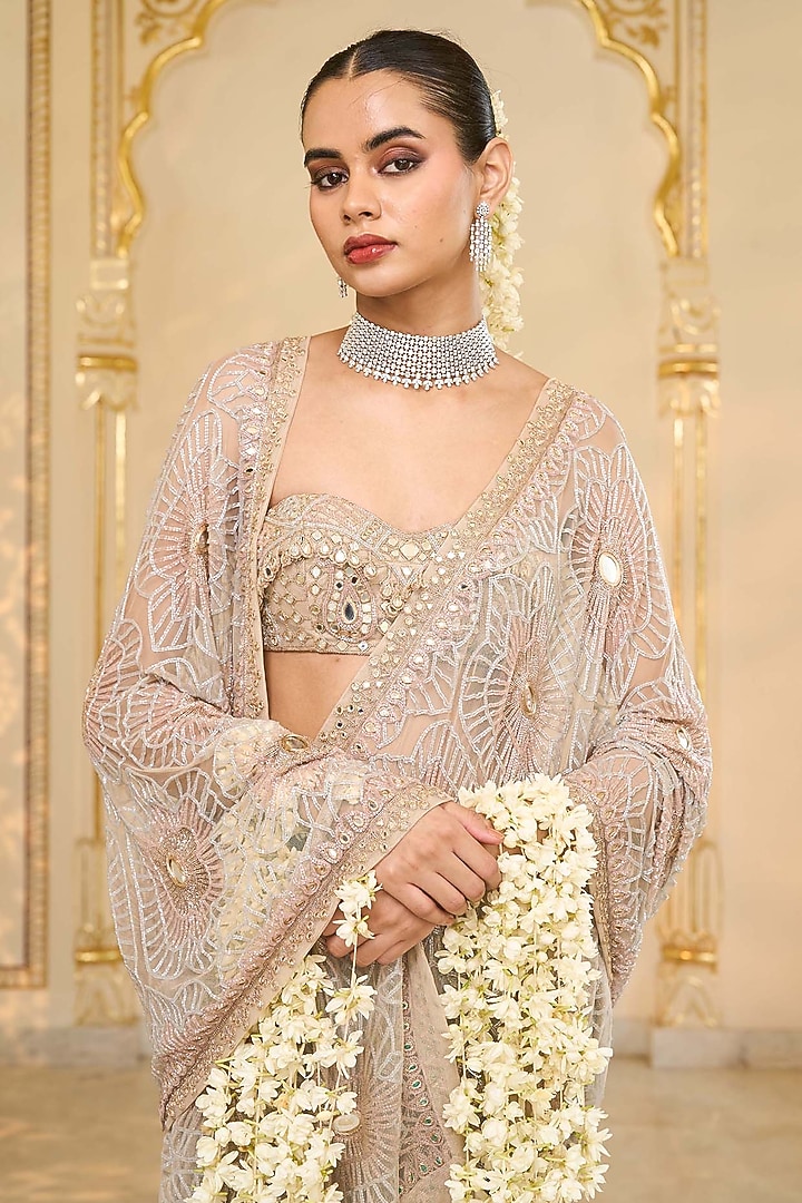 Rose Gold Tissue Godet Embroidered Bridal Saree Set by Arpita Mehta at Pernia's Pop Up Shop