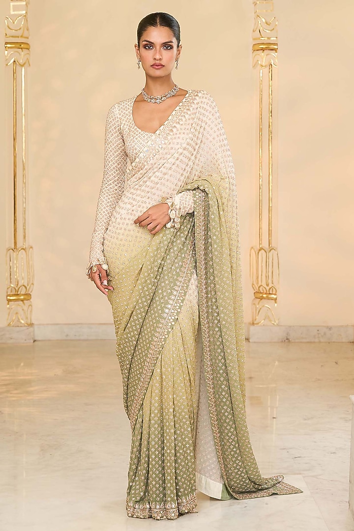 Green Shaded Georgette Hand Embroidered Bridal Saree Set by Arpita Mehta at Pernia's Pop Up Shop