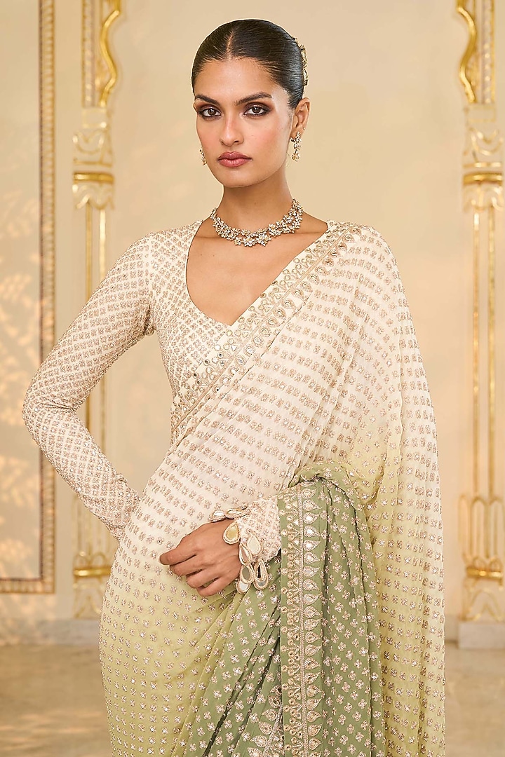 Green Shaded Georgette Hand Embroidered Bridal Saree Set by Arpita Mehta at Pernia's Pop Up Shop